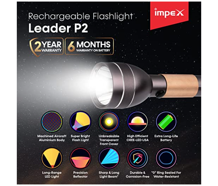 Impex Leader P2 1500mAh LED Flash Light - Black - Zoom Image 2