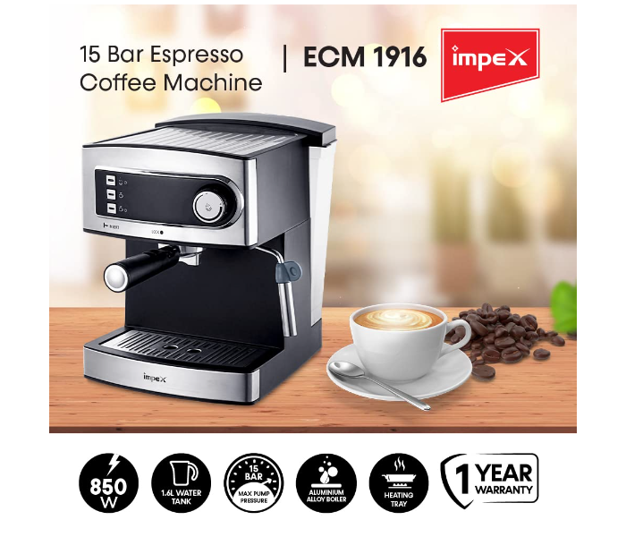 Impex ECM 1916 1.6 Litre 15 Bar Espresso and Coffee Maker - Silver and Black - Zoom Image 4