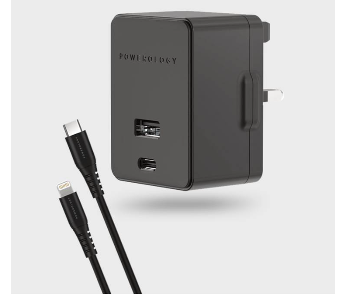 Powerology PPDUKLBK Ultra-Quick PD and QC Charger Dual Ports Fast Charging Wall Charger - Black - Zoom Image 1