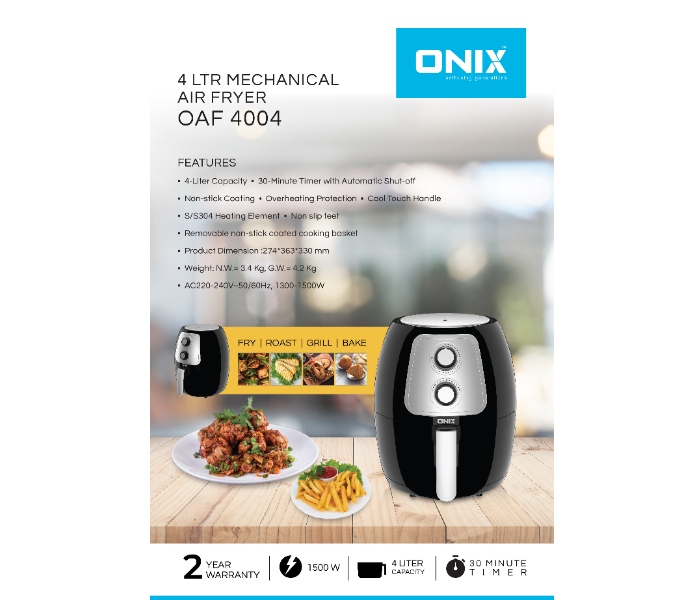 Onix OAF 4004 4 Litre 1500Watts Mechanical Air Fryer - Black - Zoom Image 3