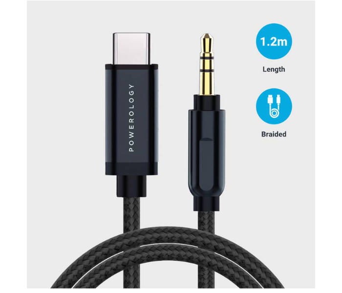 Powerology P12CAUGY Aluminum Braided Type C USB C Cable 3.5mm Audio Aux Jack Cable - Grey - Zoom Image 1