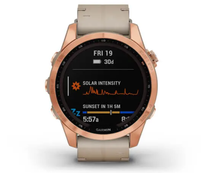 Garmin 010-02539-35 Fenix 7S Sapphire Solar Edition Rose Gold Titanium with Limestone Leather Band - Zoom Image 2