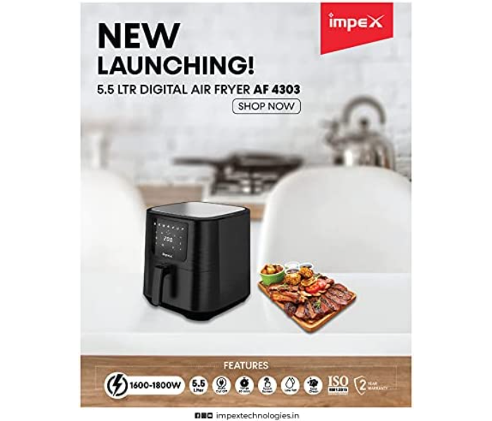 Impex AF 4303 5.5 Litre 1800Watts Stainless Steel Top Digital Air Fryer - Black - Zoom Image 4