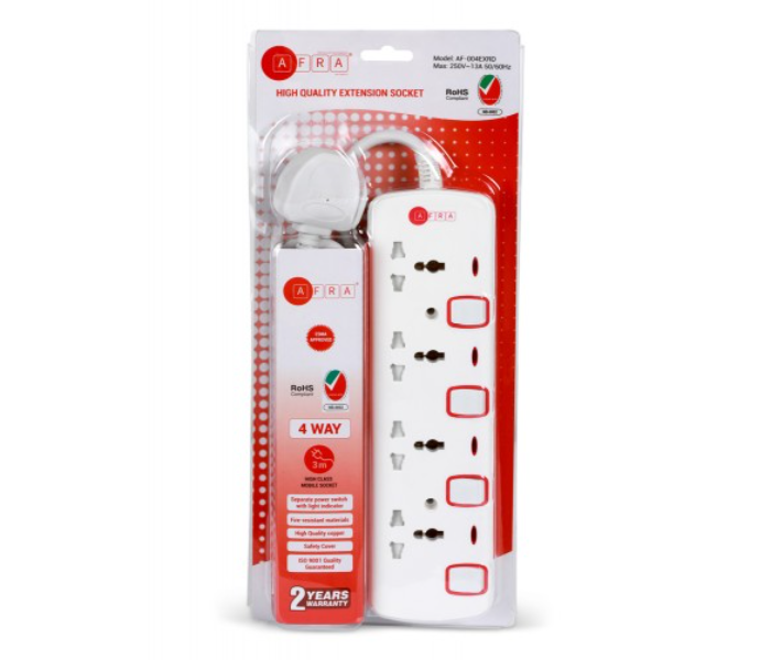 Afra AF-004EXRD 4 Way 3M 4 Universal Sockets Extension Cord - White - Zoom Image 1