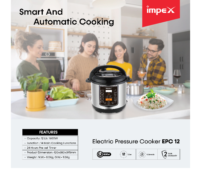 Impex EPC 12 Litre 1600 Watts Electric Cooker - Silver and Black - Zoom Image 3