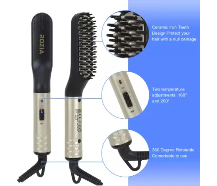 Rozia 2 in 1 Men's Beard and Hair Portable ionic Straightener Brush - Black and Gold - Zoom Image 3