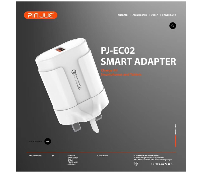 Pinjue PJ-EC02 USB Fast Charger Qualcomm 3.0 - White - Zoom Image 2