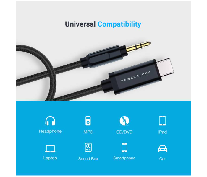 Powerology P12CAUGY Aluminum Braided Type C USB C Cable 3.5mm Audio Aux Jack Cable - Grey - Zoom Image 4