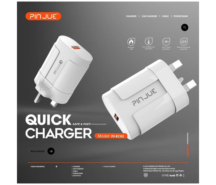 Pinjue PJ-EC02 USB Fast Charger Qualcomm 3.0 - White - Zoom Image 1