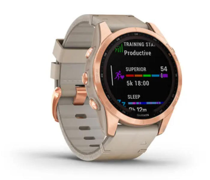 Garmin 010-02539-35 Fenix 7S Sapphire Solar Edition Rose Gold Titanium with Limestone Leather Band - Zoom Image 1