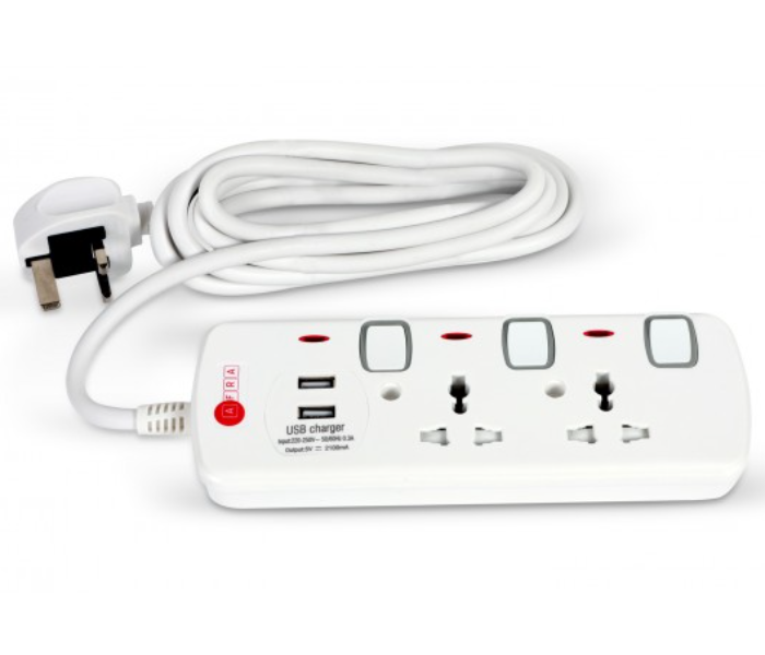 Afra AF-003EXGY-USB 2 Way 2USB 3M 2 Universal Sockets Extension Cord - White - Zoom Image 2