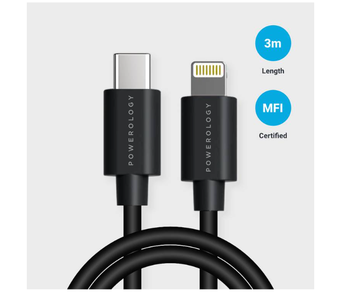 Powerology P3BCLBK 3m Fast Charging USB C to Lightning Cable - Black - Zoom Image 1