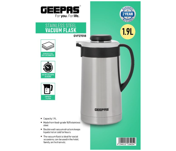 Geepas GVF27018 1.9 Litre Stainless Steel Vacuum Flask - Silver and Black - Zoom Image