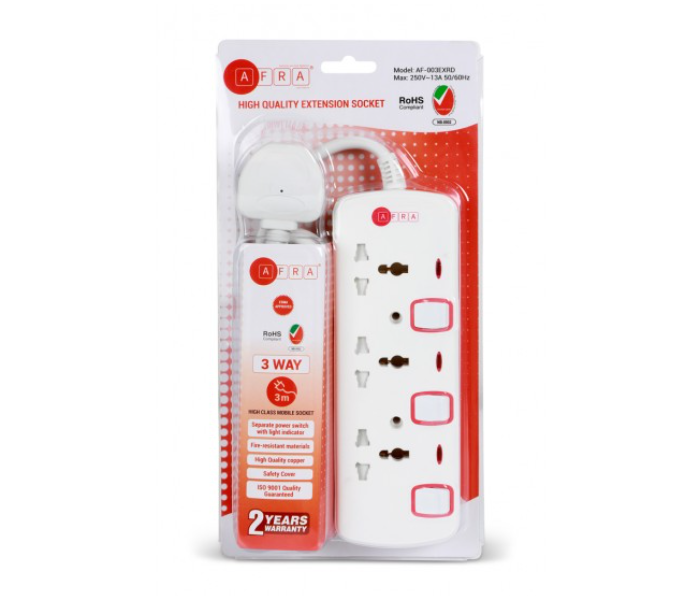 Afra AF-003EXRD 3 Way 3M 3 Universal Sockets Extension Cord - White - Zoom Image 1