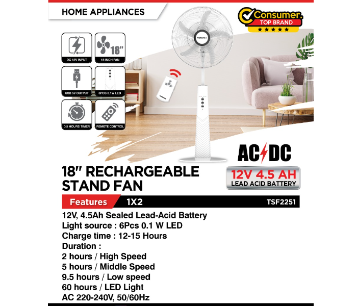 Telionix TSF2251 18 Inch Rechargeable Stand Fan - White - Zoom Image