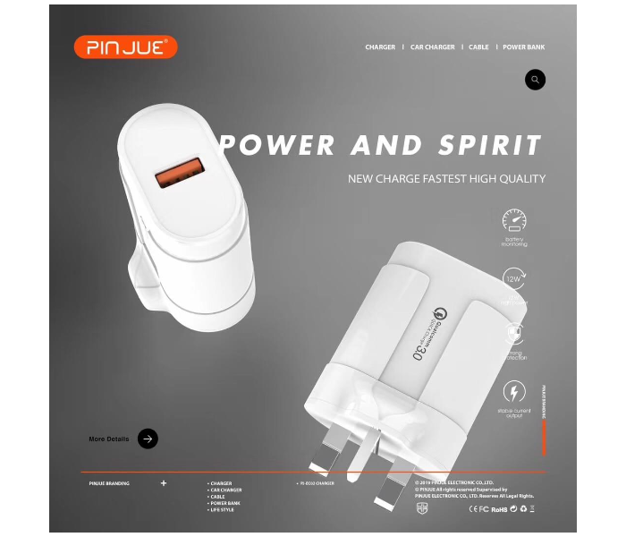 Pinjue PJ-EC02 USB Fast Charger Qualcomm 3.0 - White - Zoom Image 3