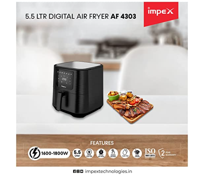 Impex AF 4303 5.5 Litre 1800Watts Stainless Steel Top Digital Air Fryer - Black - Zoom Image 3