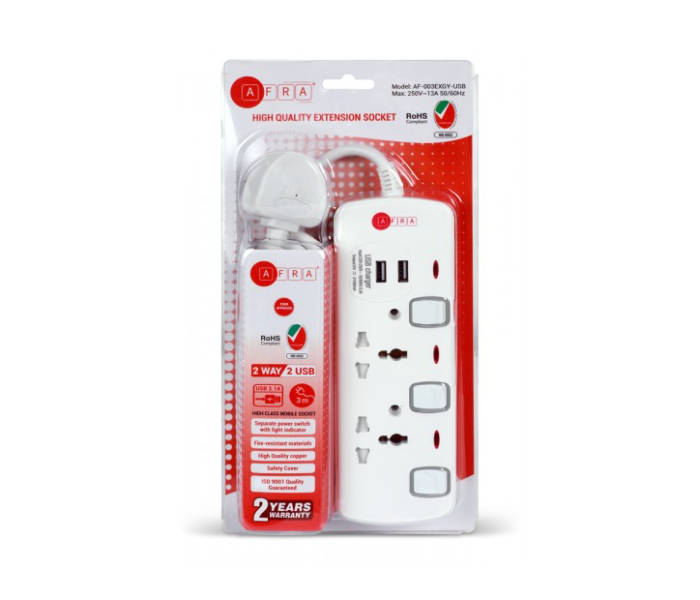 Afra AF-003EXGY-USB 2 Way 2USB 3M 2 Universal Sockets Extension Cord - White - Zoom Image 1