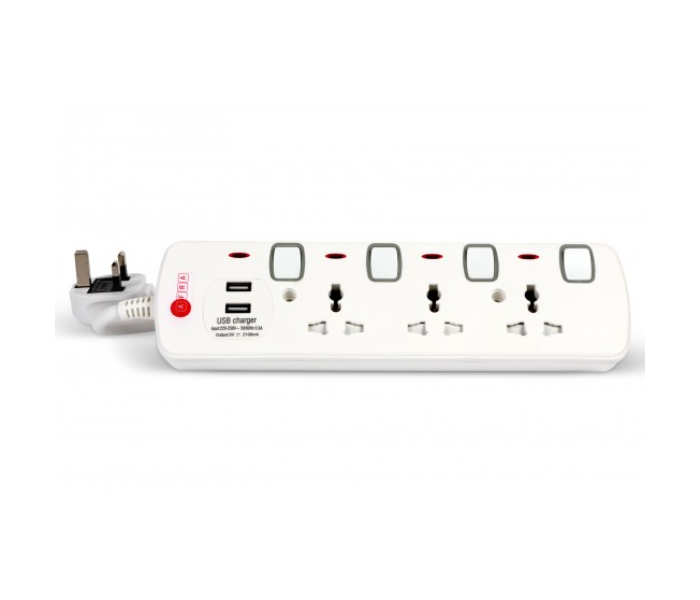 Afra AF-004EXGY-USB 3 Way 2USB 3M 3 Universal Sockets Extension Cord - White - Zoom Image 2