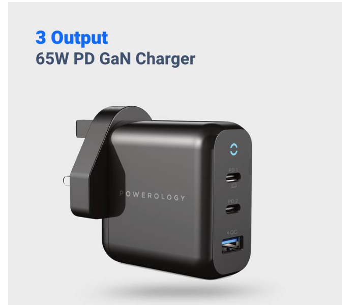 Powerology P65PDWUKBK Wall Charger UK 65W 3-Output with PD UK GaN Wall Charger - Black - Zoom Image 2