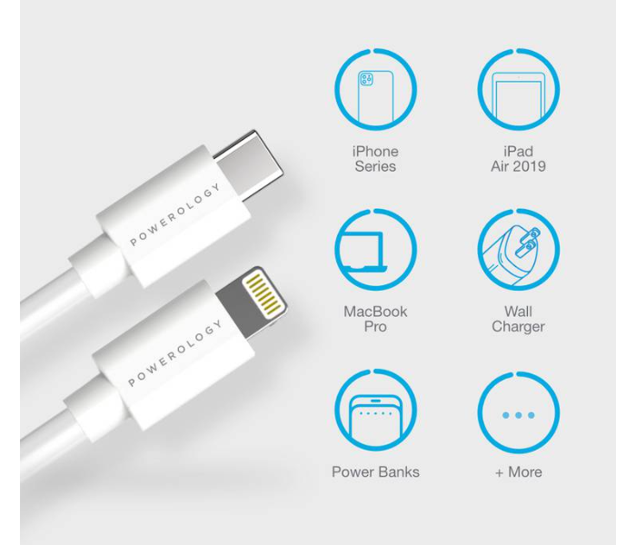 Powerology P025BCLWH 0.25m Fast Charging USB-C to Lightning Cable - White - Zoom Image 2