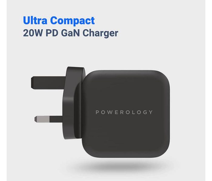 Powerology P20WGNBK Ultra-Compact 20W Power Delivery GaN Charger UK 3Pin Plug Wall Charger - Black - Zoom Image 2