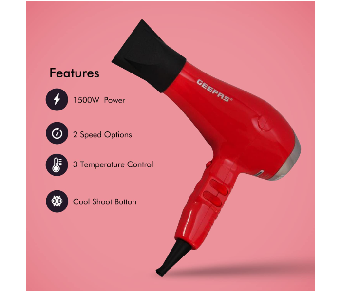 Geepas GH8078 1500 watt Professional Hair Dryer - Red  - Zoom Image 2