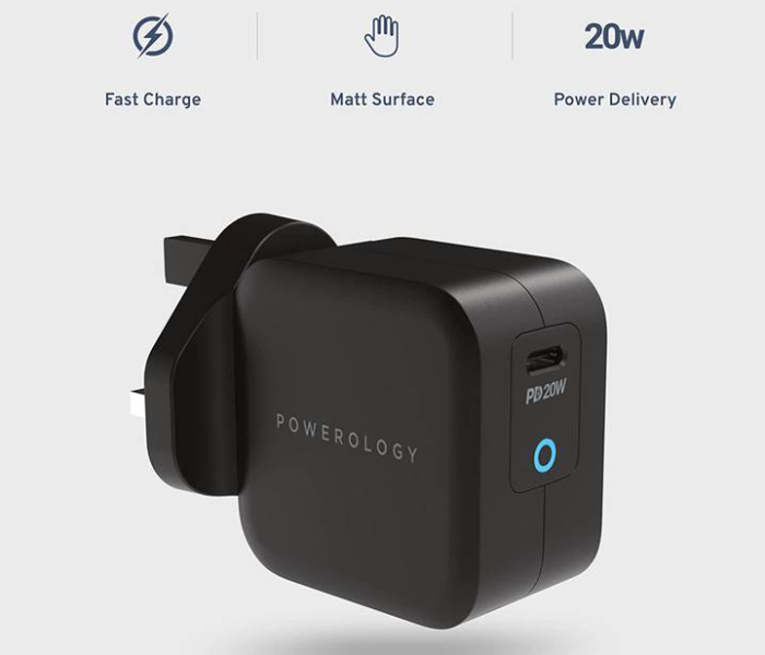 Powerology P20WGNBK Ultra-Compact 20W Power Delivery GaN Charger UK 3Pin Plug Wall Charger - Black - Zoom Image 3