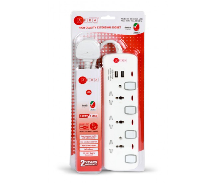 Afra AF-004EXGY-USB 3 Way 2USB 3M 3 Universal Sockets Extension Cord - White - Zoom Image 1