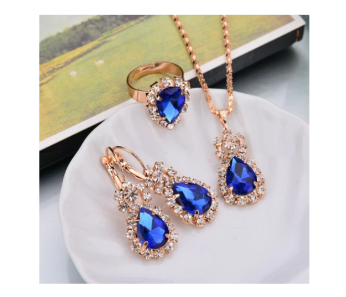 Fashion Waterdrop Shiny Rhinestones Necklace Ring Earrings Women Jewelry Set - Blue - Zoom Image 2