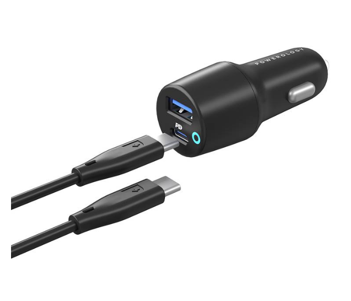 Powerology PCCSR005-C PD 20W+QC 18W Dual Port LED Car Charger with Type-C to Type-C Cable 0.9M 3A - Black - Zoom Image 2