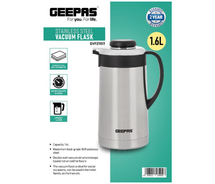 Geepas GVF27017 1.6 Litre Stainless Steel Vacuum Flask - Silver and Black - Zoom Image