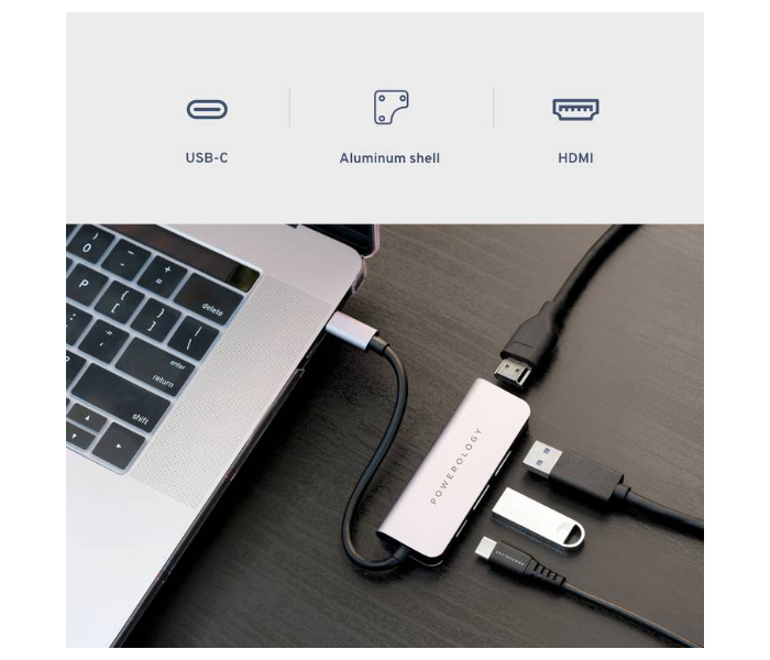 Powerology P4CHBGY USB-C Hub 4 in 1 Charge - Grey - Zoom Image 3