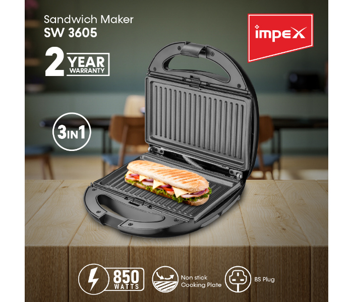 Impex SW 3605 850 Watts 3 In 1 Sandwich Maker - Black - Zoom Image 3