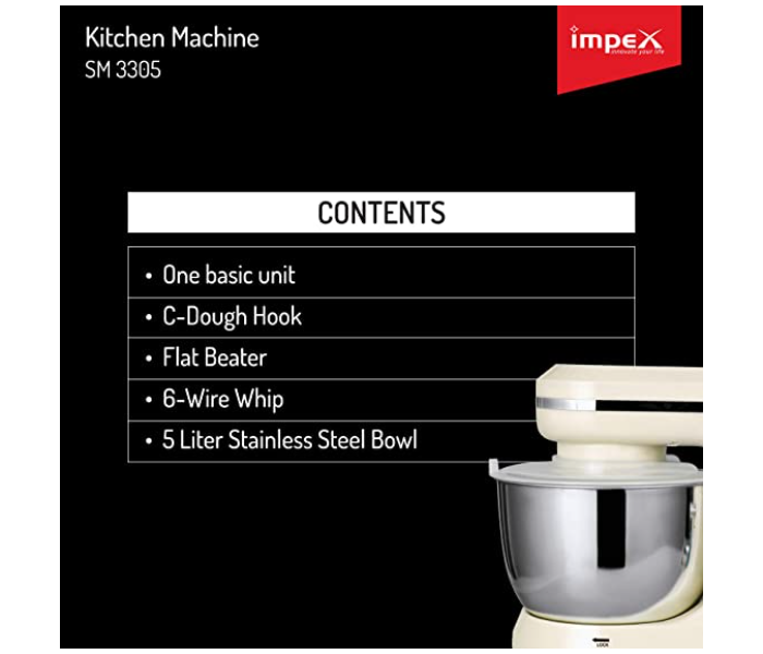 Impex SM 3305 8 Speed Stand Mixer with 5 Litre Stainless Steel Bowl - Beige - Zoom Image 2