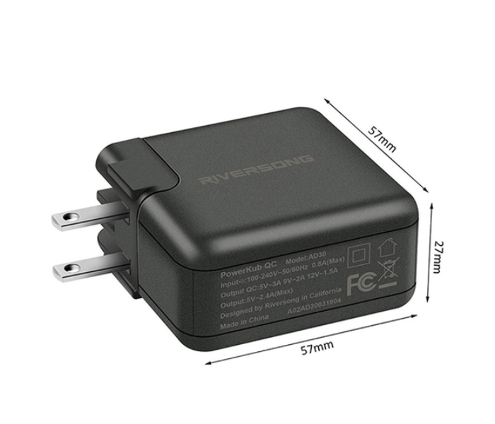 Riversong ad30 PowerKubQC-AD30 US + EU + UK + IN 2.4A Dual Port Plug Wall Charger - Black - Zoom Image 3