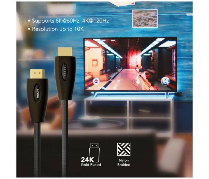 Levelo LVLHDMI3M-BK Zinc-Alloy Shell 8K60Hz HDMI Cable V2.1 - Black - Zoom Image 3