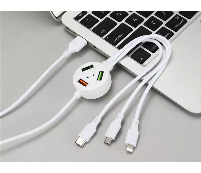 6 In 1 3 Plug 3 Usb port 3.1A Extended Mobile Data Cable for iPhone + Micro USB + Type-c - White - Zoom Image 4