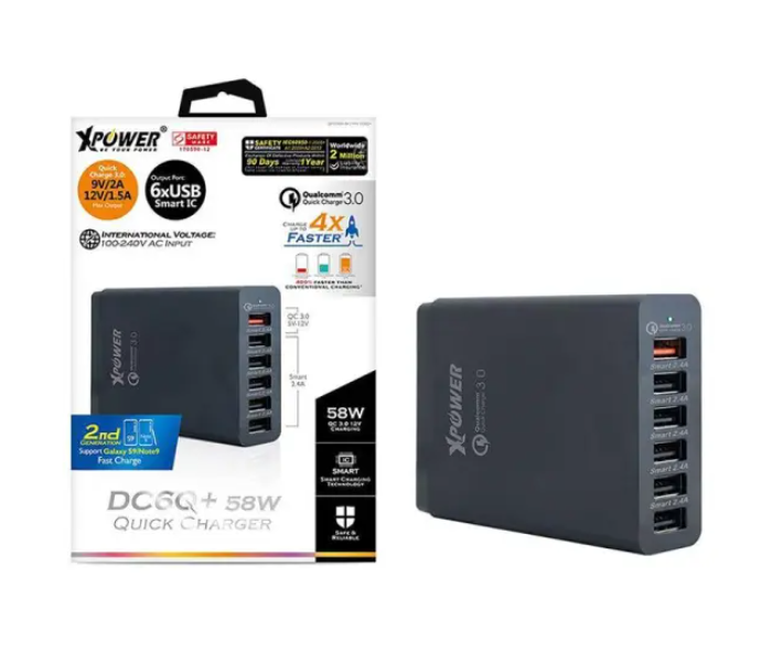 XPower DC6Q+ 58W 6 Port USB Smart IC Quick Charger w/QC3.0 - Black - Zoom Image 2