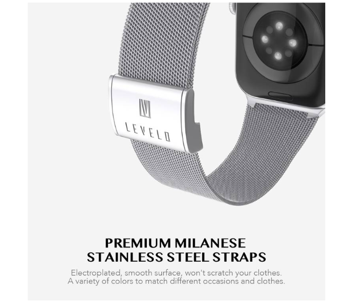 Levelo LVLMILSTP45-SL Double Milanese Stainless Steel Replacement Watch Strap Compatible for Apple Watch 42mm 44mm 45mm - Silver - Zoom Image 2