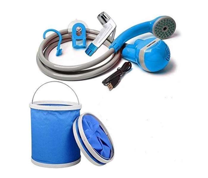 RMN 2 in 1 Portable and Rechargeable Bath Shower and Flush with Foldable Bucket - Blue - Zoom Image