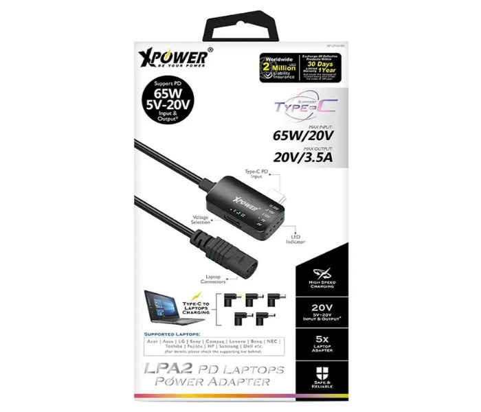 XPower 65W 5V- 20V LPA2 PD Laptops Power Adapter - Black - Zoom Image 2