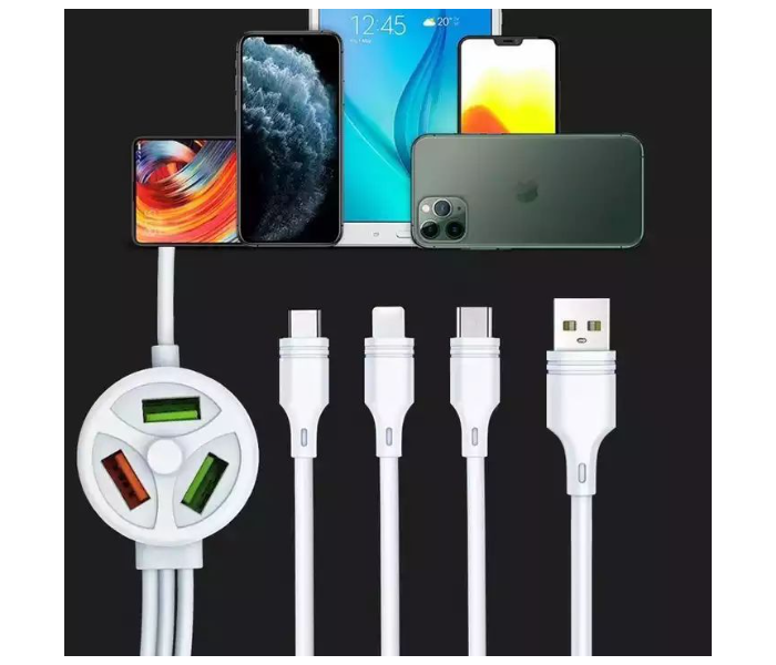 6 In 1 3 Plug 3 Usb port 3.1A Extended Mobile Data Cable for iPhone + Micro USB + Type-c - White - Zoom Image 3