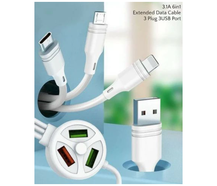 6 In 1 3 Plug 3 Usb port 3.1A Extended Mobile Data Cable for iPhone + Micro USB + Type-c - White - Zoom Image 8