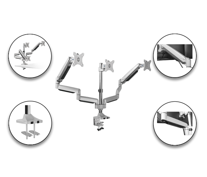 Skill Tech SH100 C036 Triple Monitors Pole-mounted Gas Spring Monitor Arm - Silver - Zoom Image 2