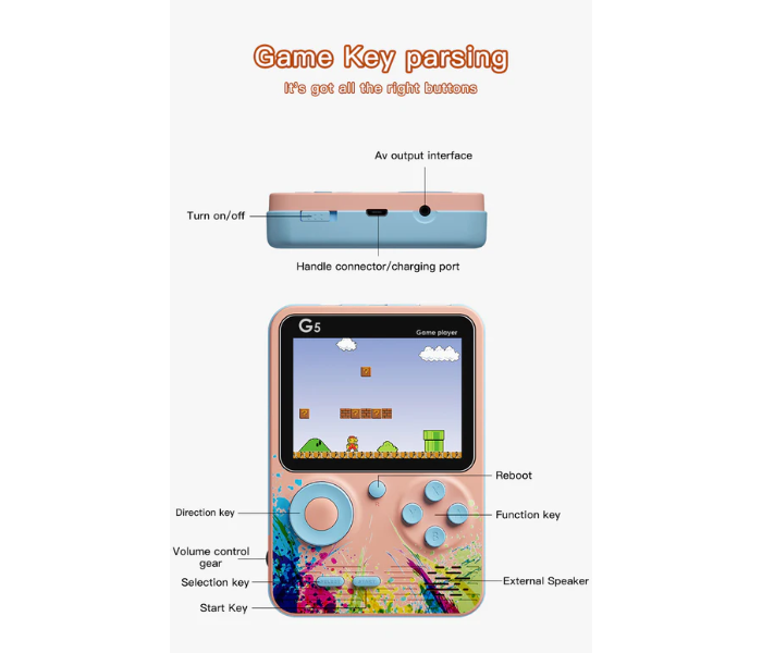 G5 500 Retro Games in 1 Mini Game Console - Blue and Pink - Zoom Image 7