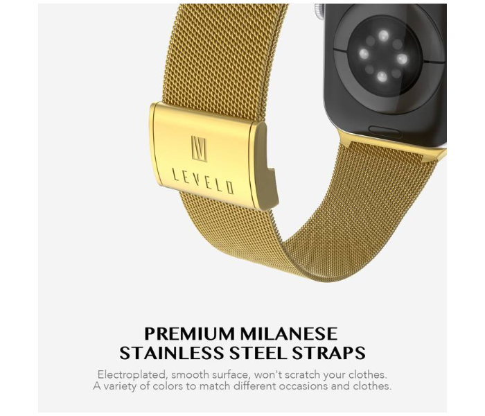 Levelo LVLMILSTP45-GD Double Milanese Stainless Steel Replacement Watch Strap Compatible for Apple Watch 42mm 44mm 45mm - Gold - Zoom Image 2