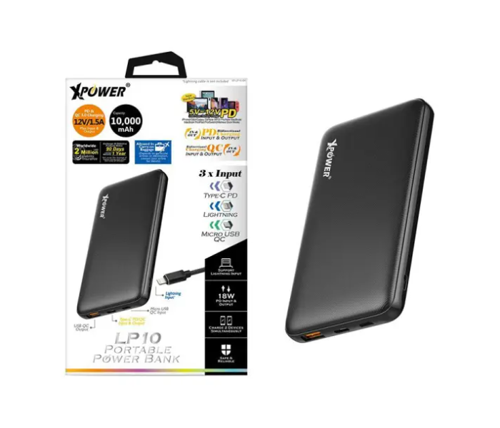 XPower LP10 10000mAh 18 Watts Power Bank with 3 Input - Black - Zoom Image 2