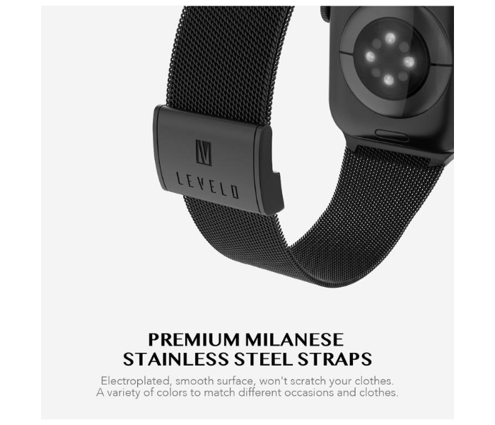 Levelo LVLMILSTP45-BK Double Milanese Stainless Steel Replacement Watch Strap Compatible for Apple Watch 42mm 44mm 45mm - Black - Zoom Image 2