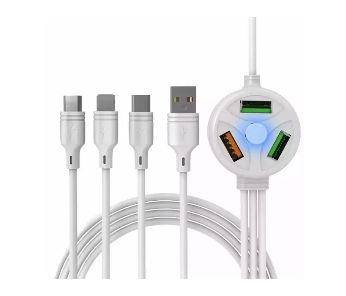 6 In 1 3 Plug 3 Usb port 3.1A Extended Mobile Data Cable for iPhone + Micro USB + Type-c - White - Zoom Image 6